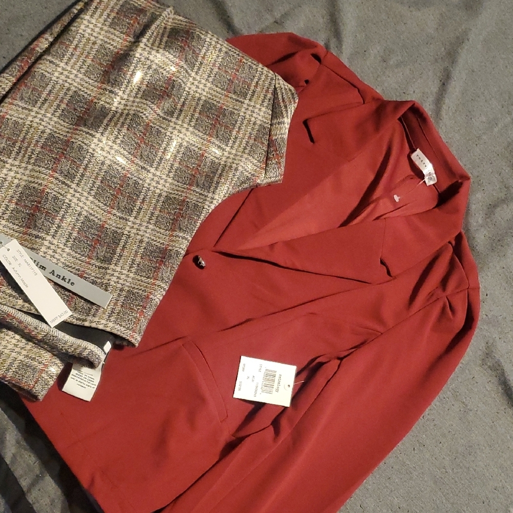 Red Blazer and Plaid Pants Set